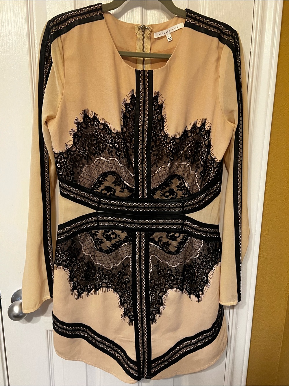 Endless Rose Lace Mini Dress Nude/Blush Black Lace & Faux Leather Trim Size L